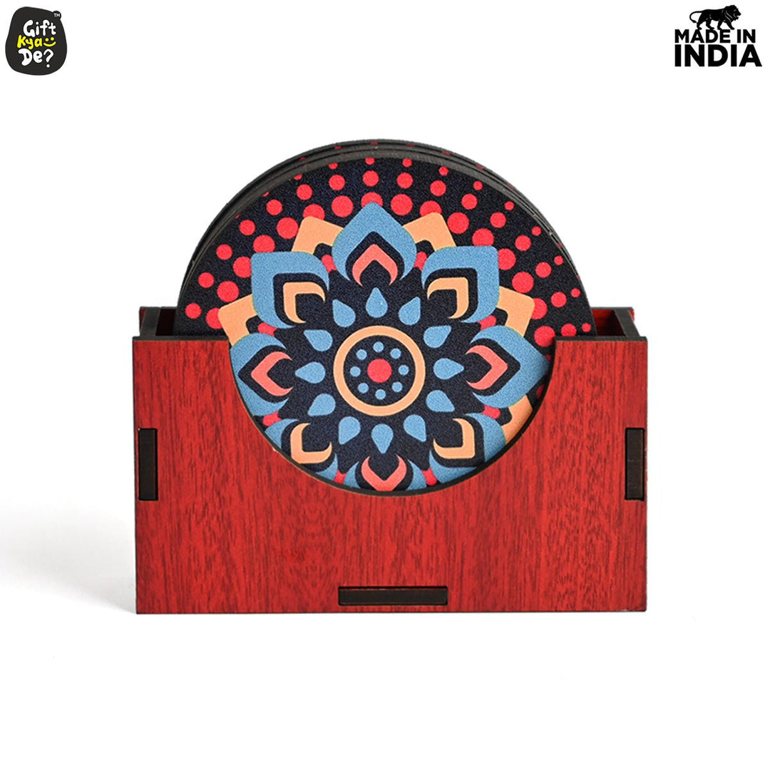 Gift Kya De Coaster Set of 6 Beautiful Wooden Coasters with Stand | Fit for Tea Cups, Coffee Mugs and Glasses