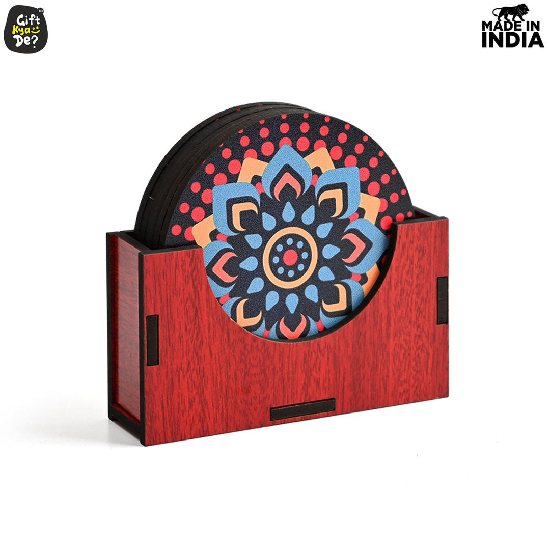 Gift Kya De Coaster Set of 6 Beautiful Wooden Coasters with Stand | Fit for Tea Cups, Coffee Mugs and Glasses