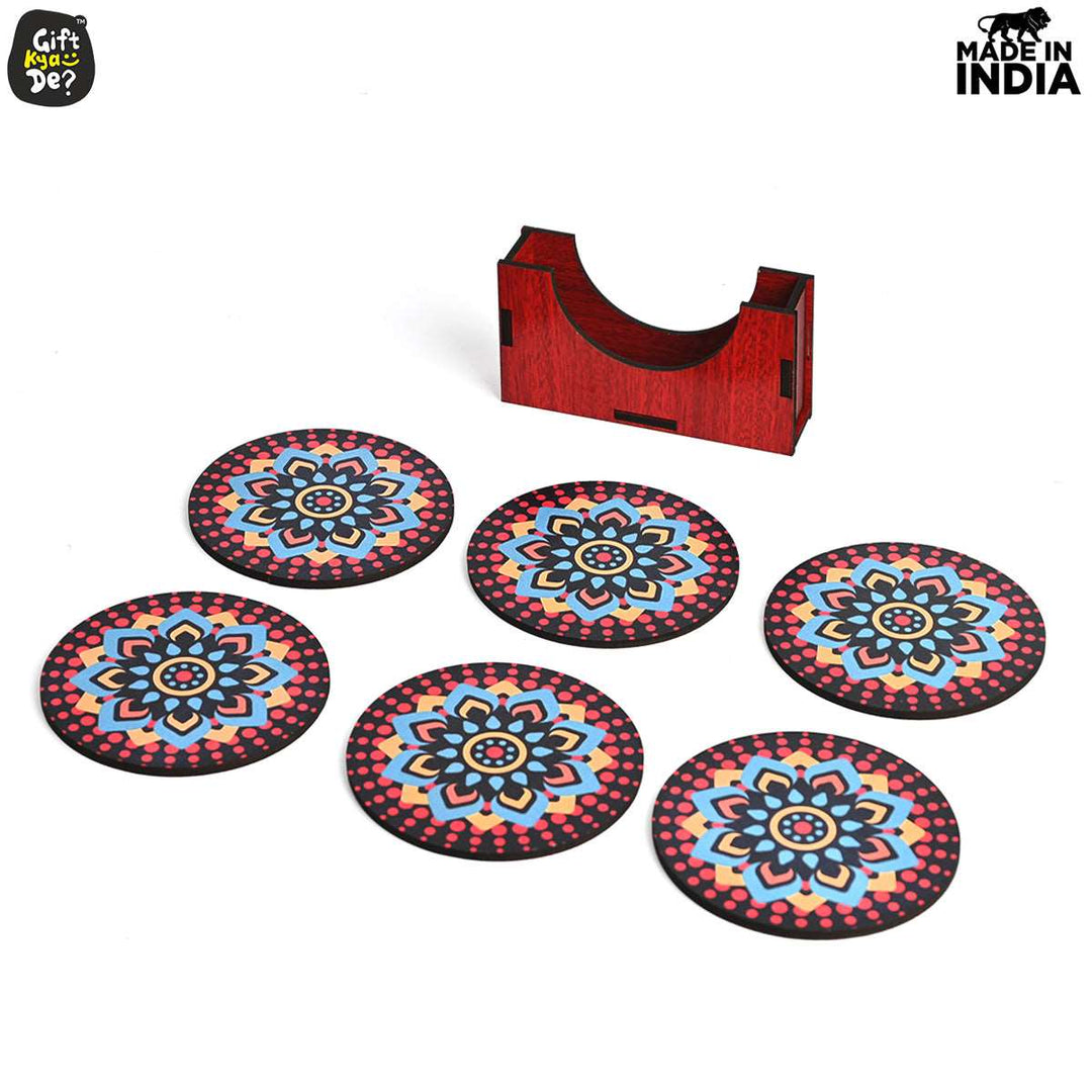 Gift Kya De Coaster Set of 6 Beautiful Wooden Coasters with Stand | Fit for Tea Cups, Coffee Mugs and Glasses