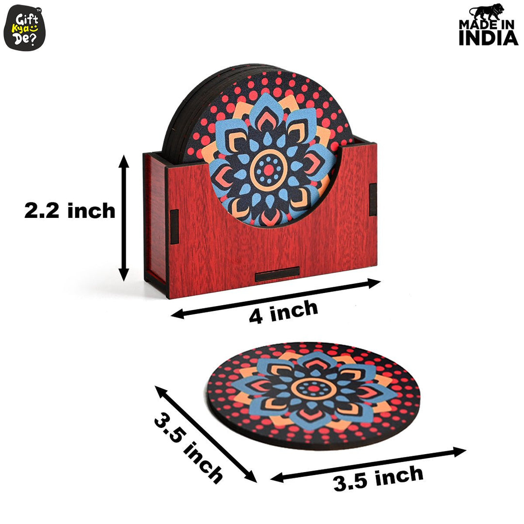 Gift Kya De Coaster Set of 6 Beautiful Wooden Coasters with Stand | Fit for Tea Cups, Coffee Mugs and Glasses