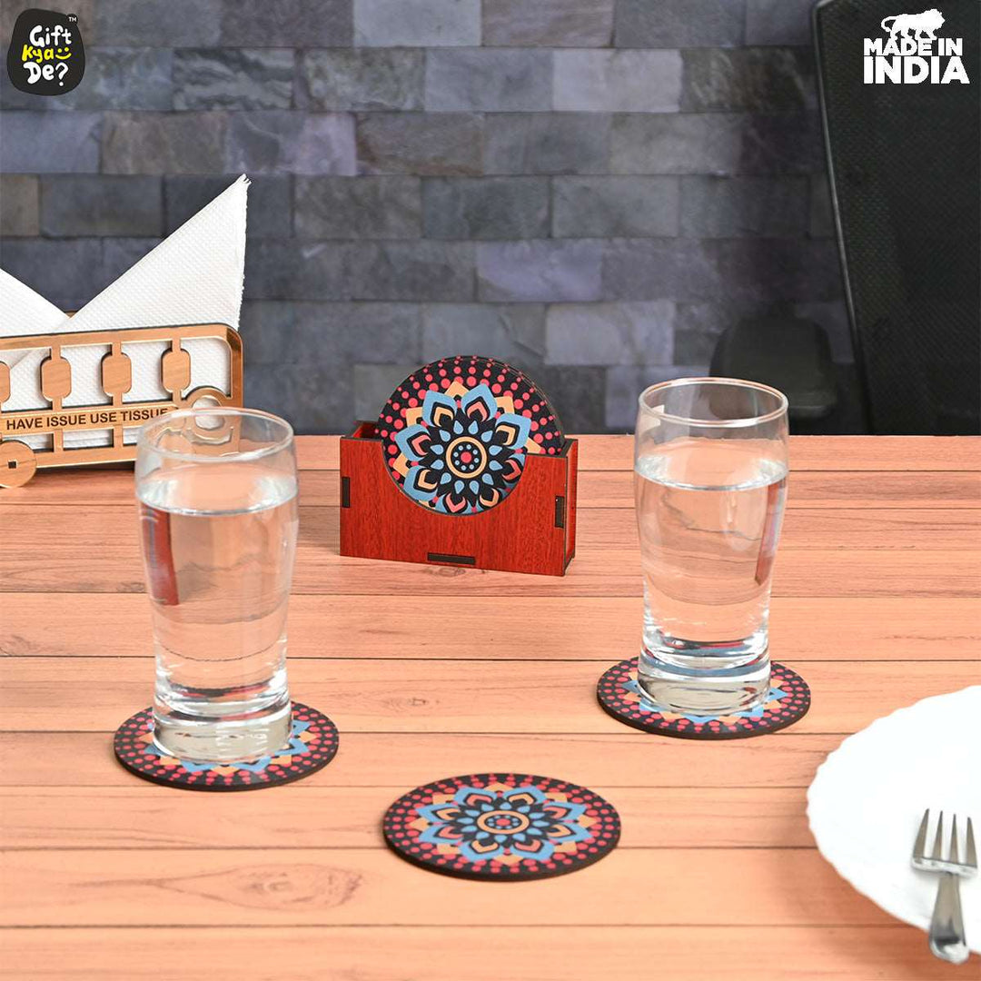 Gift Kya De Coaster Set of 6 Beautiful Wooden Coasters with Stand | Fit for Tea Cups, Coffee Mugs and Glasses