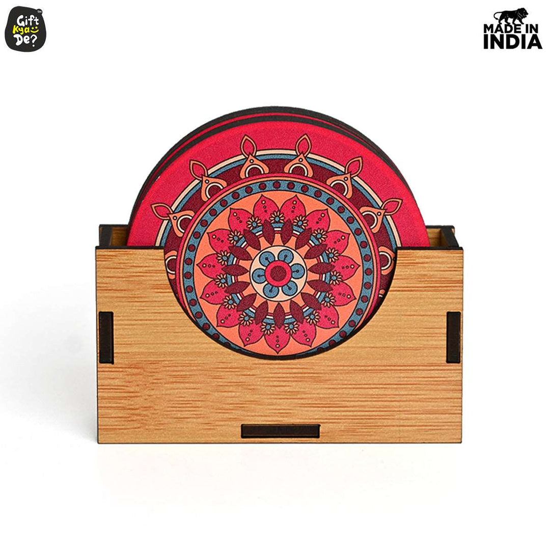 Gift Kya De Coaster Set of 6 Beautiful Wooden Coasters with Stand | Fit for Tea Cups, Coffee Mugs and Glasses