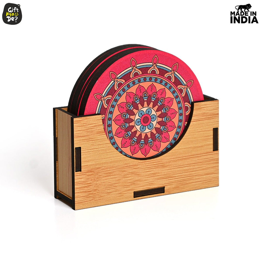 Gift Kya De Coaster Set of 6 Beautiful Wooden Coasters with Stand | Fit for Tea Cups, Coffee Mugs and Glasses