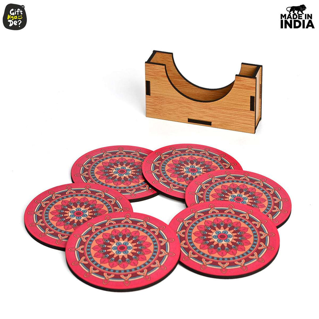 Gift Kya De Coaster Set of 6 Beautiful Wooden Coasters with Stand | Fit for Tea Cups, Coffee Mugs and Glasses