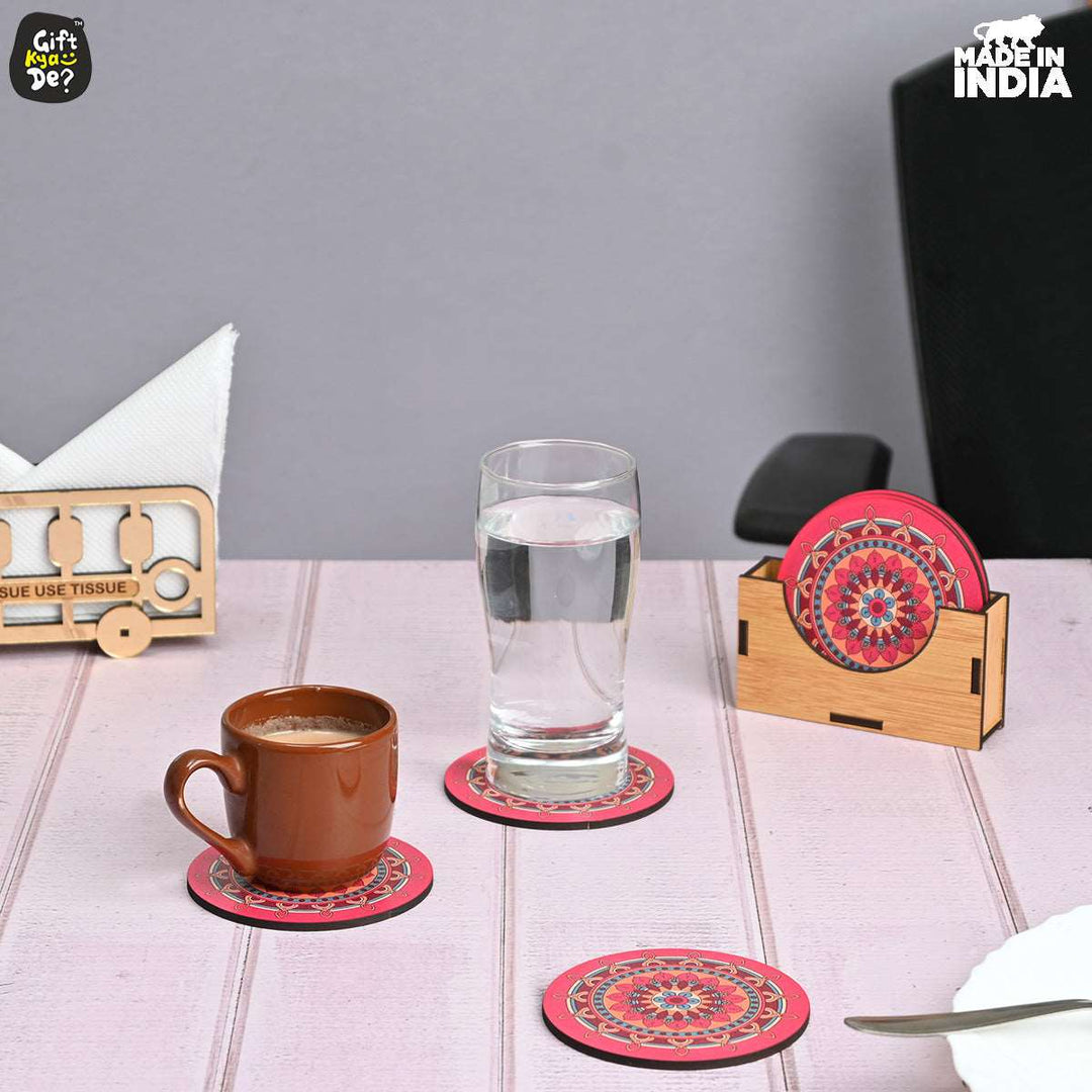 Gift Kya De Coaster Set of 6 Beautiful Wooden Coasters with Stand | Fit for Tea Cups, Coffee Mugs and Glasses