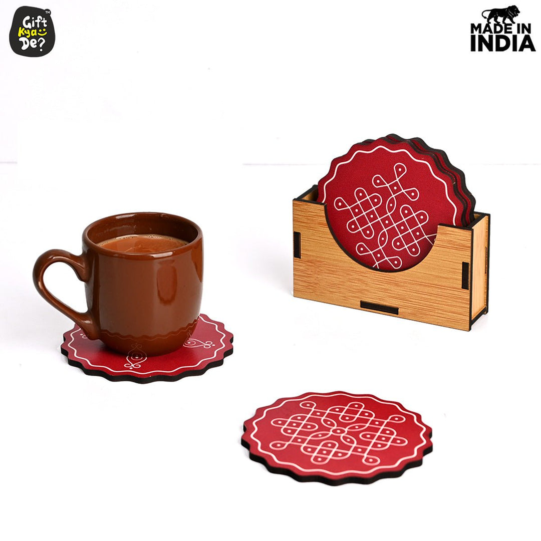 Gift Kya De Coaster Set of 6 Beautiful Wooden Coasters with Stand | Fit for Tea Cups, Coffee Mugs and Glasses