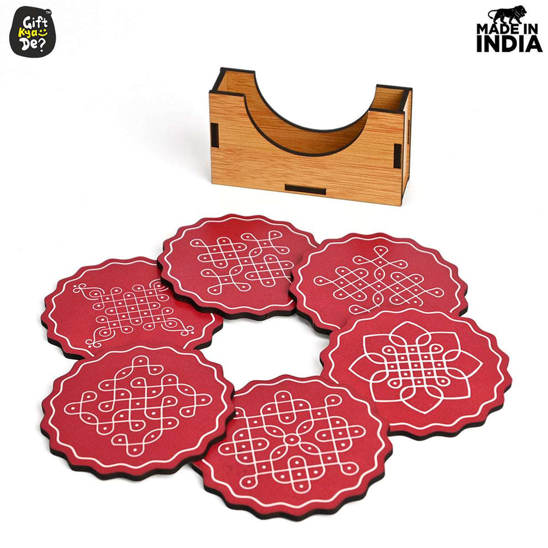 Gift Kya De Coaster Set of 6 Beautiful Wooden Coasters with Stand | Fit for Tea Cups, Coffee Mugs and Glasses