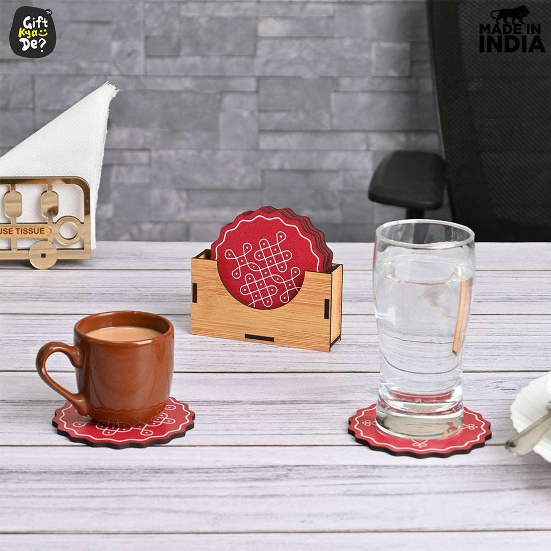 Gift Kya De Coaster Set of 6 Beautiful Wooden Coasters with Stand | Fit for Tea Cups, Coffee Mugs and Glasses