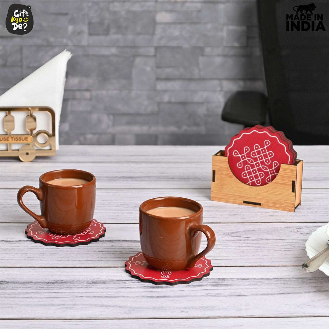 Gift Kya De Coaster Set of 6 Beautiful Wooden Coasters with Stand | Fit for Tea Cups, Coffee Mugs and Glasses