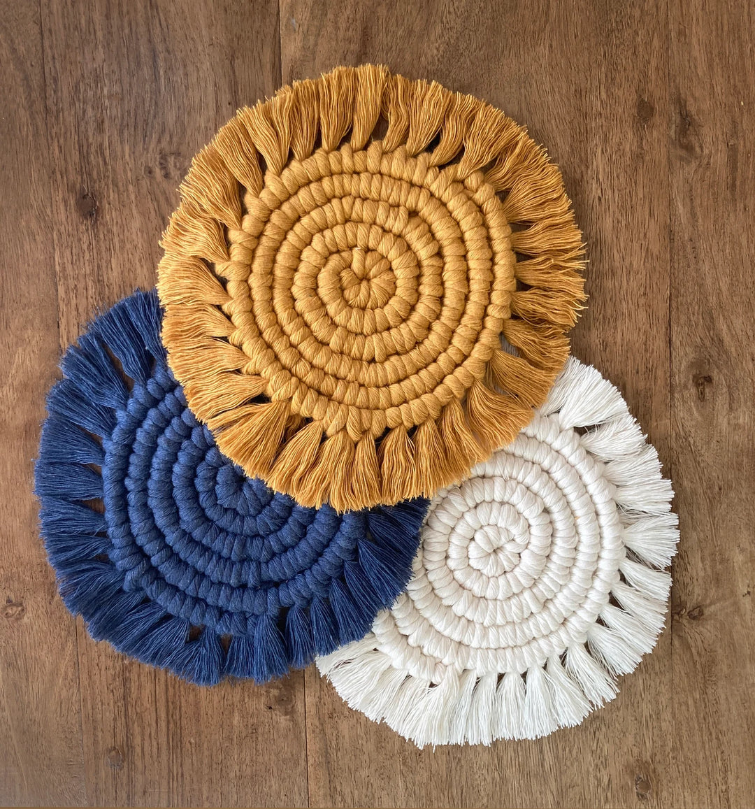SUTRAM Handmade Macrame Cotton Coasters with Fringes for Tea and Coffee, Washable, Set of 2