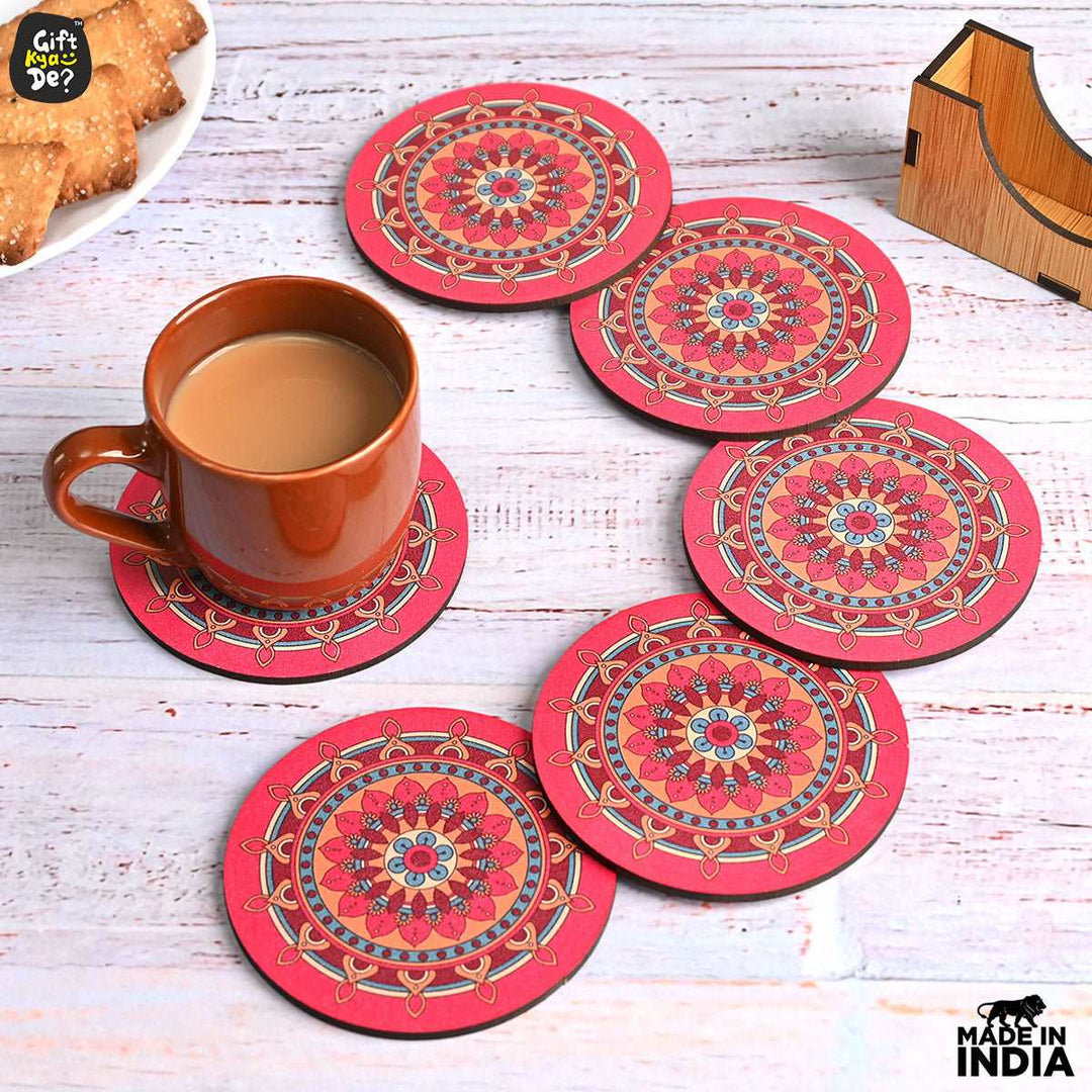 Gift Kya De Coaster Set of 12 Beautiful Wooden Coasters with Proper Coaster Stand (Combo Pack) (12 pc 9 x 9 cm)