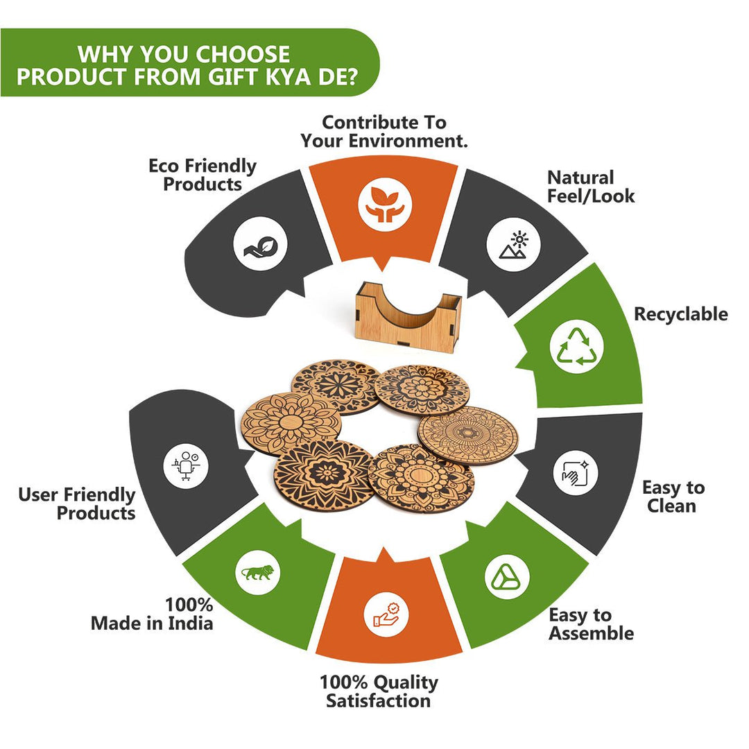 Gift Kya De Coaster Set of 6 Beautiful Wooden Coasters with Stand | Fit for Tea Cups, Coffee Mugs and Glasses