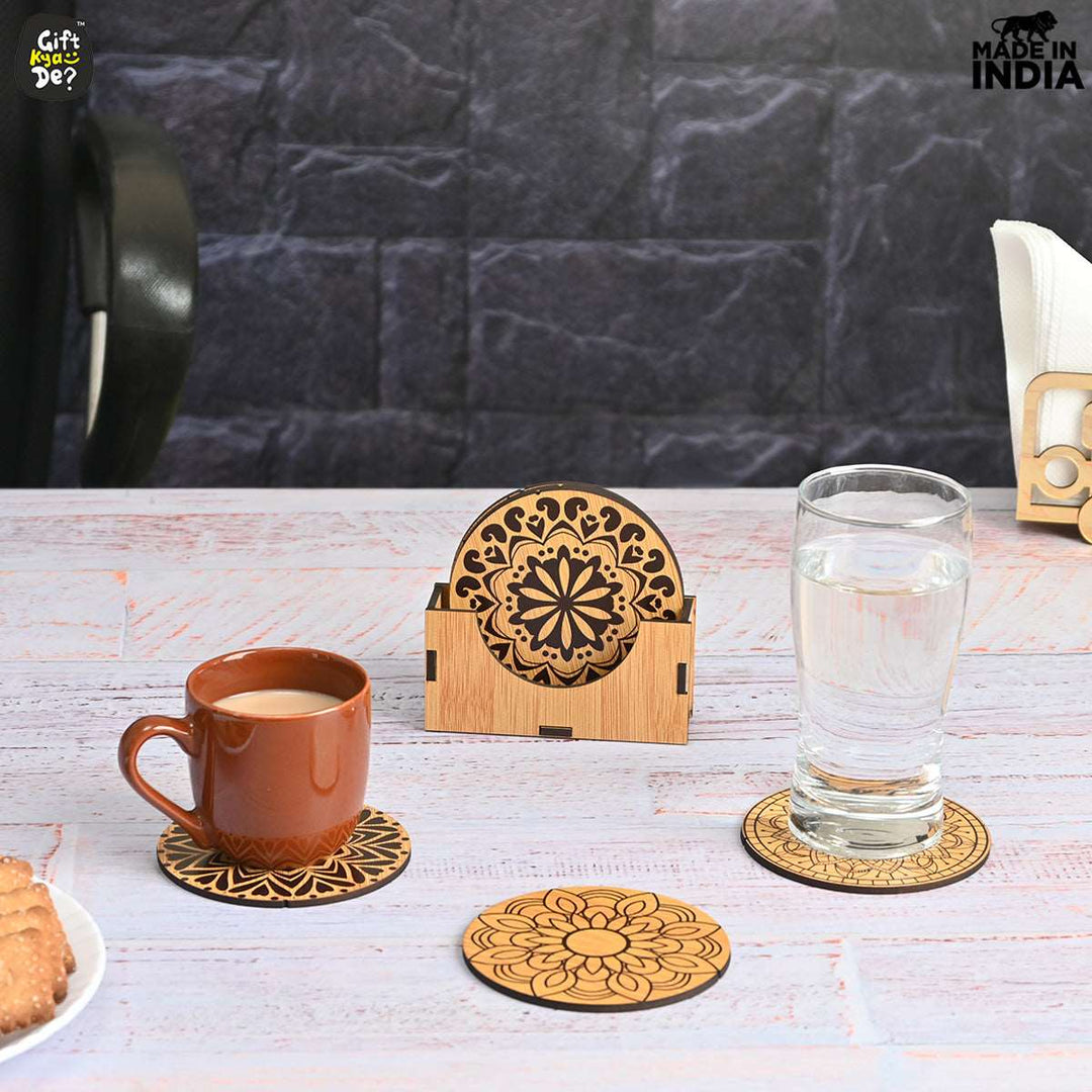 Gift Kya De Coaster Set of 6 Beautiful Wooden Coasters with Stand | Fit for Tea Cups, Coffee Mugs and Glasses