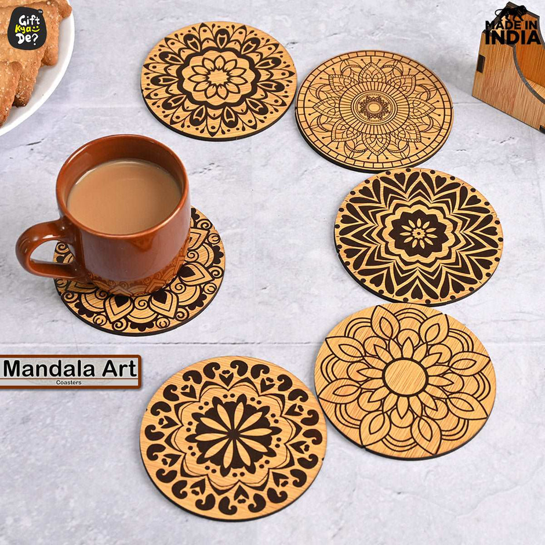 Gift Kya De Coaster Set of 6 Beautiful Wooden Coasters with Stand | Fit for Tea Cups, Coffee Mugs and Glasses