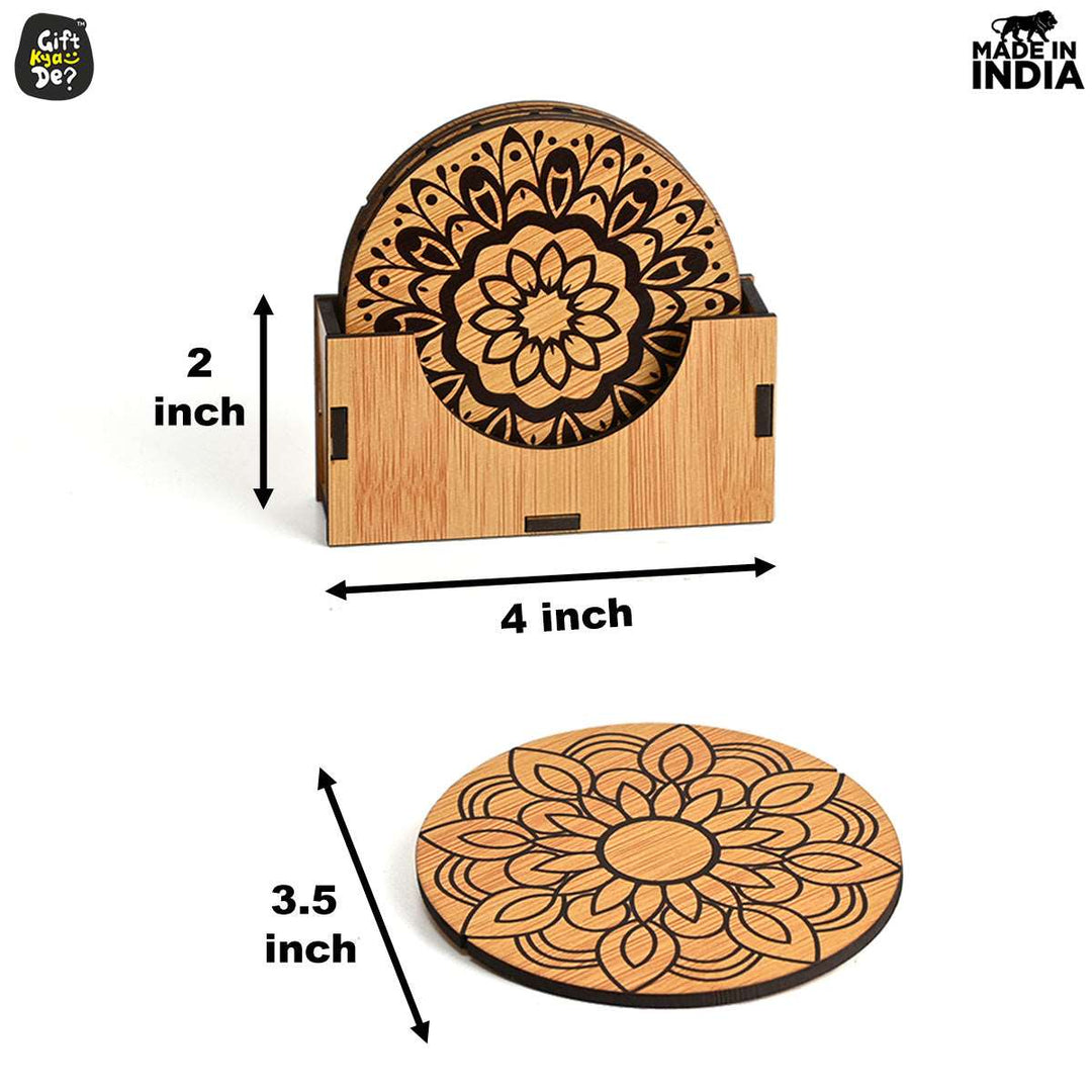 Gift Kya De Coaster Set of 6 Beautiful Wooden Coasters with Stand | Fit for Tea Cups, Coffee Mugs and Glasses