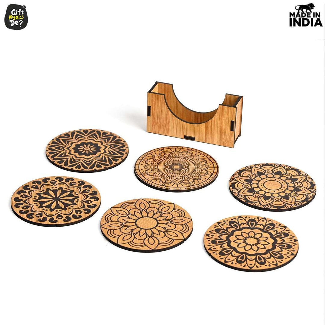 Gift Kya De Coaster Set of 6 Beautiful Wooden Coasters with Stand | Fit for Tea Cups, Coffee Mugs and Glasses