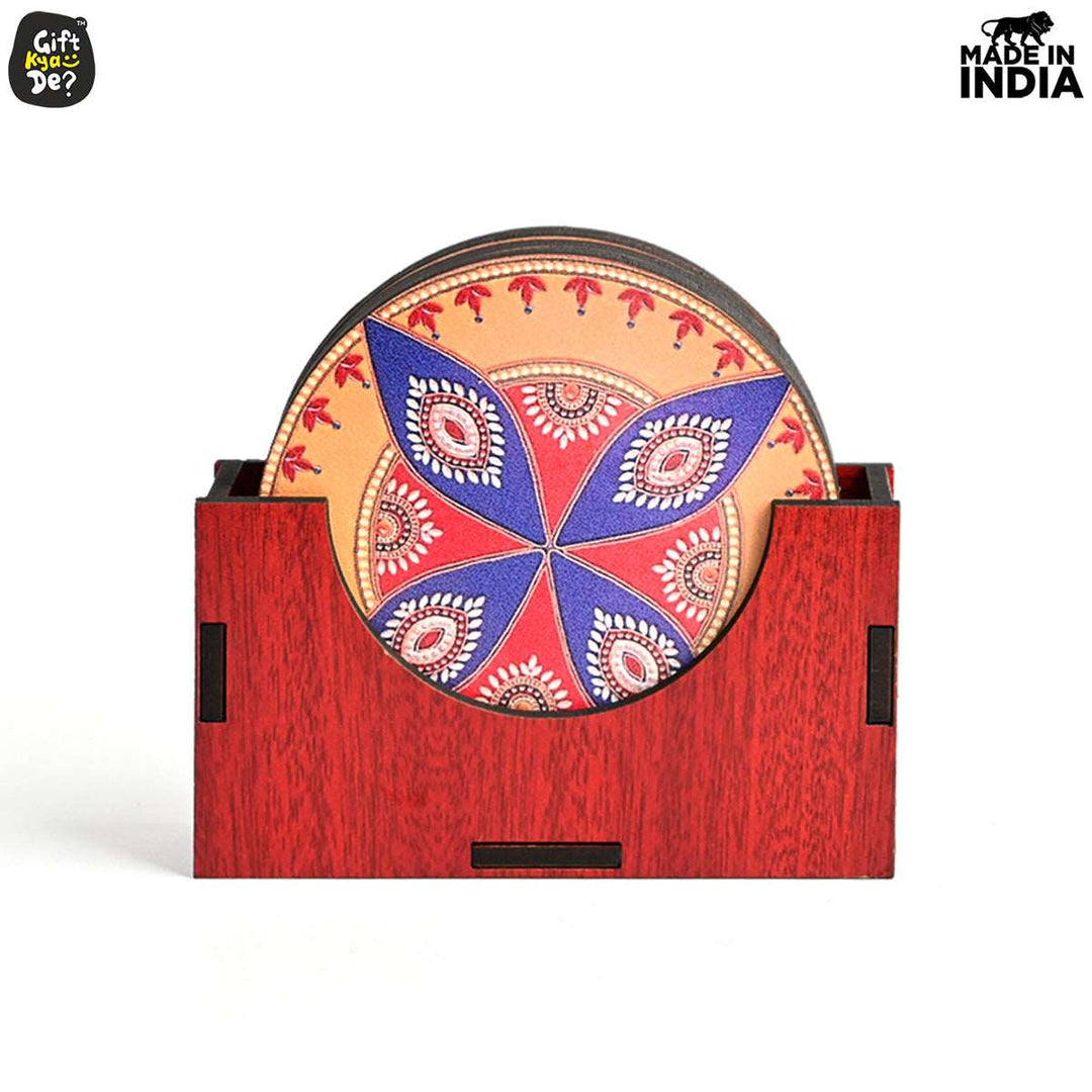 Gift Kya De Coaster Set of 6 Beautiful Wooden Coasters with Stand | Fit for Tea Cups, Coffee Mugs and Glasses