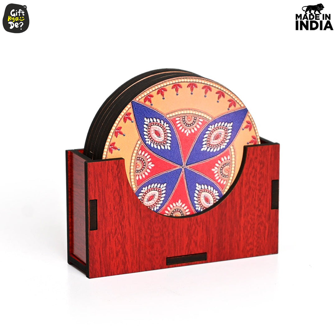 Gift Kya De Coaster Set of 6 Beautiful Wooden Coasters with Stand | Fit for Tea Cups, Coffee Mugs and Glasses