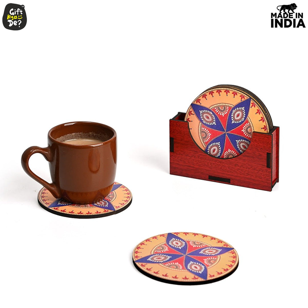 Gift Kya De Coaster Set of 6 Beautiful Wooden Coasters with Stand | Fit for Tea Cups, Coffee Mugs and Glasses