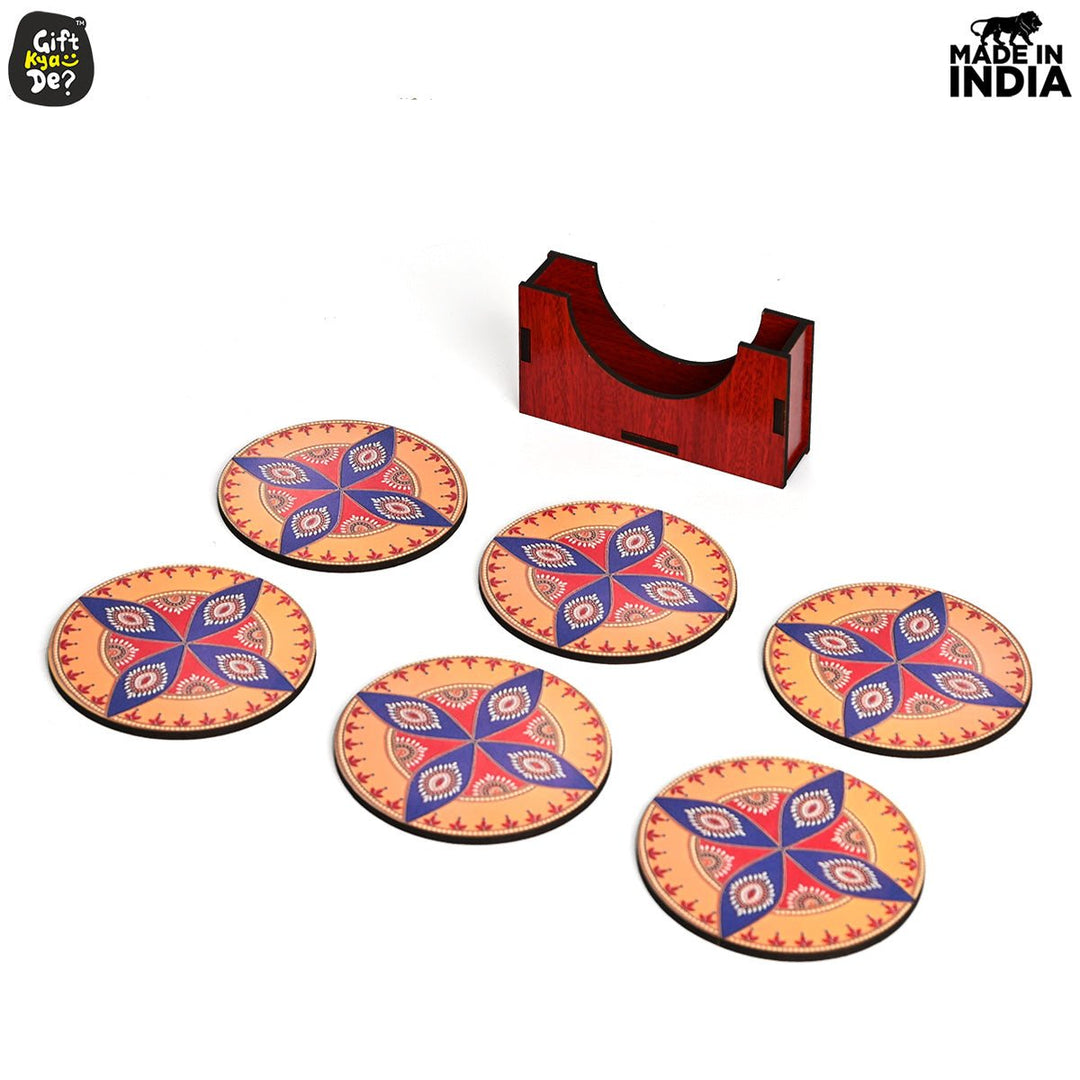 Gift Kya De Coaster Set of 6 Beautiful Wooden Coasters with Stand | Fit for Tea Cups, Coffee Mugs and Glasses