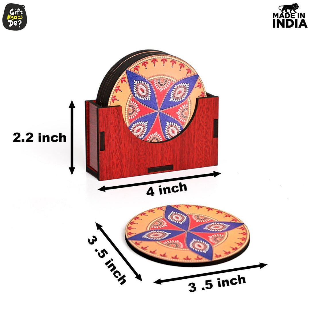 Gift Kya De Coaster Set of 6 Beautiful Wooden Coasters with Stand | Fit for Tea Cups, Coffee Mugs and Glasses