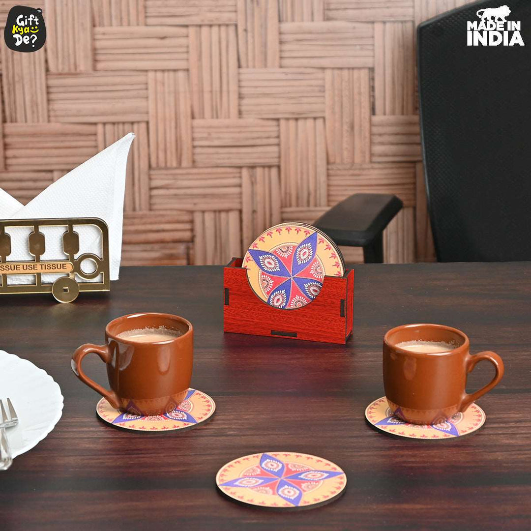 Gift Kya De Coaster Set of 6 Beautiful Wooden Coasters with Stand | Fit for Tea Cups, Coffee Mugs and Glasses