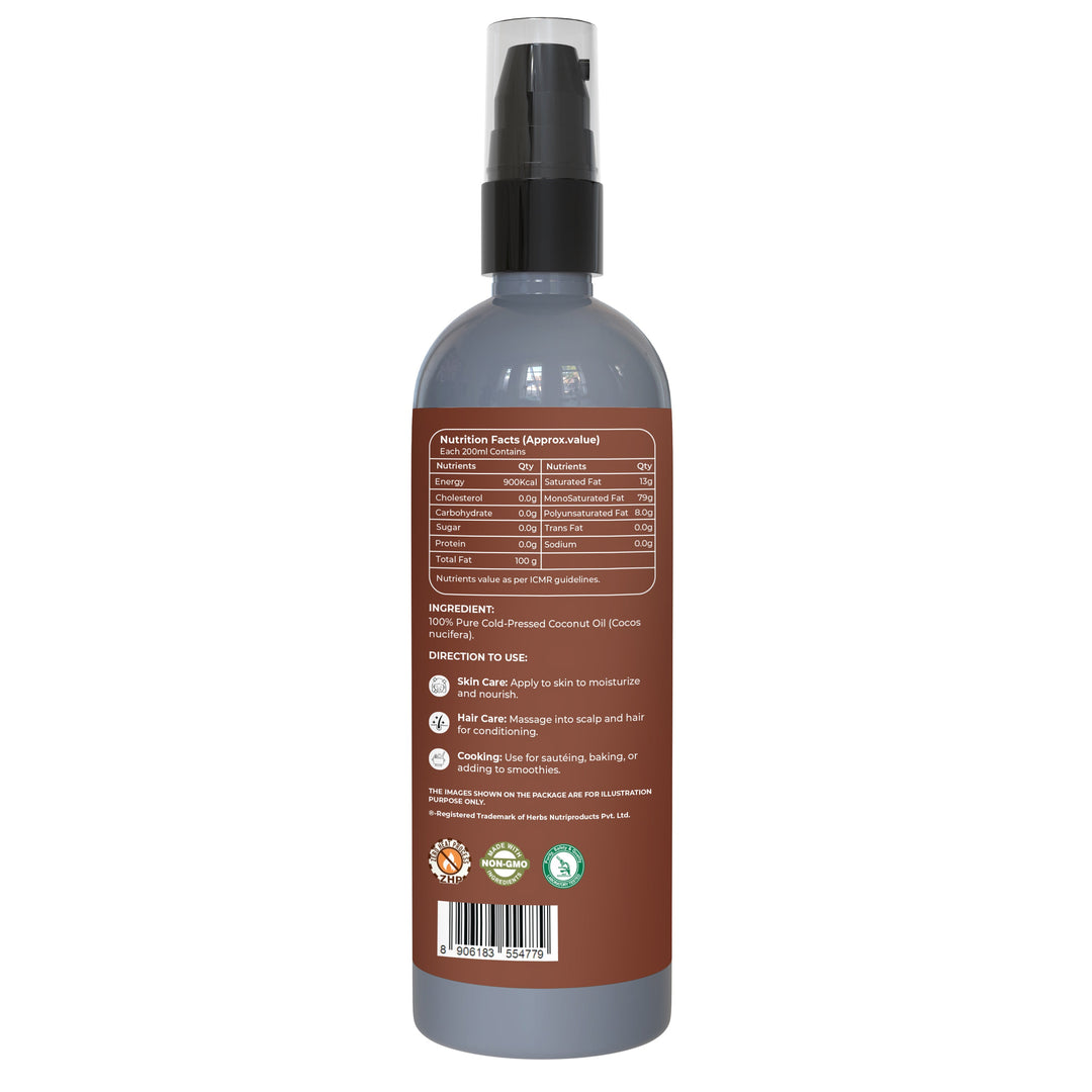 Pure Nutrition Extra Virgin Cold Pressed Coconut Oil 200ml | 100% Pure | Multipurpose Use