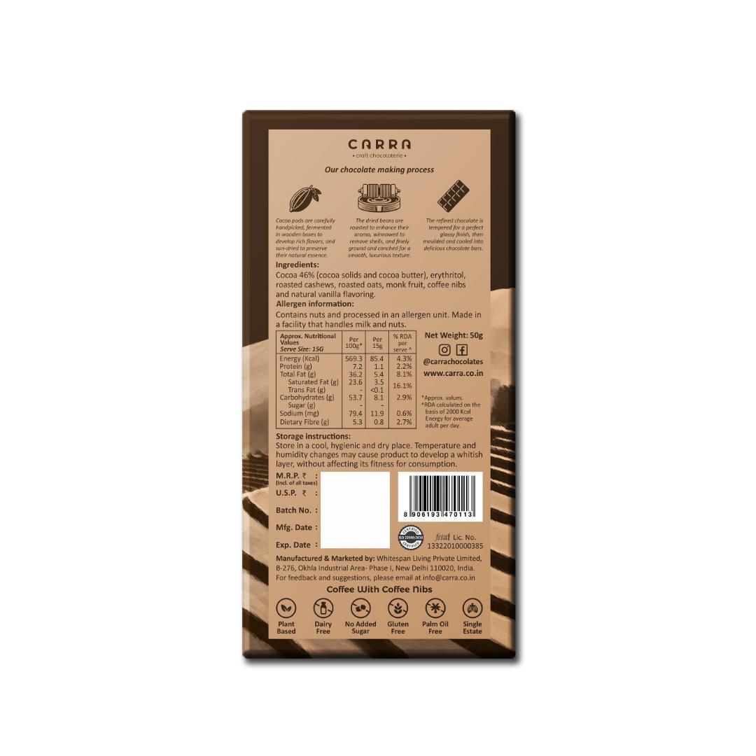CARRA Sugar Free Chocolate Bars - Rock Salt & Roasted Almonds and Coffee with Coffee Nibs (Pack of 2)