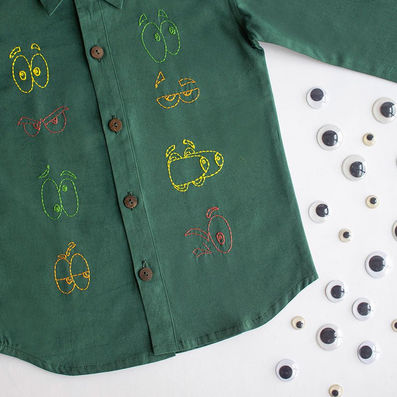 Colourful Emoji Eyes Embroidered Unisex Shirt - Bottle Green - Suspire
