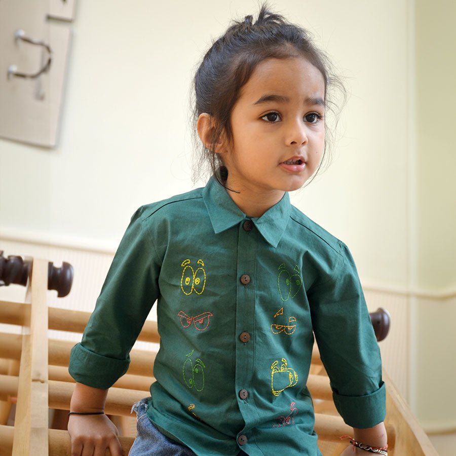 Colourful Emoji Eyes Embroidered Unisex Shirt - Bottle Green - Suspire