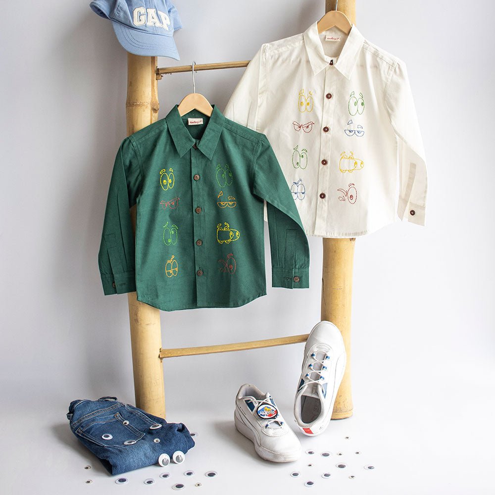 Colourful Emoji Eyes Embroidered Unisex Shirt - Bottle Green - Suspire