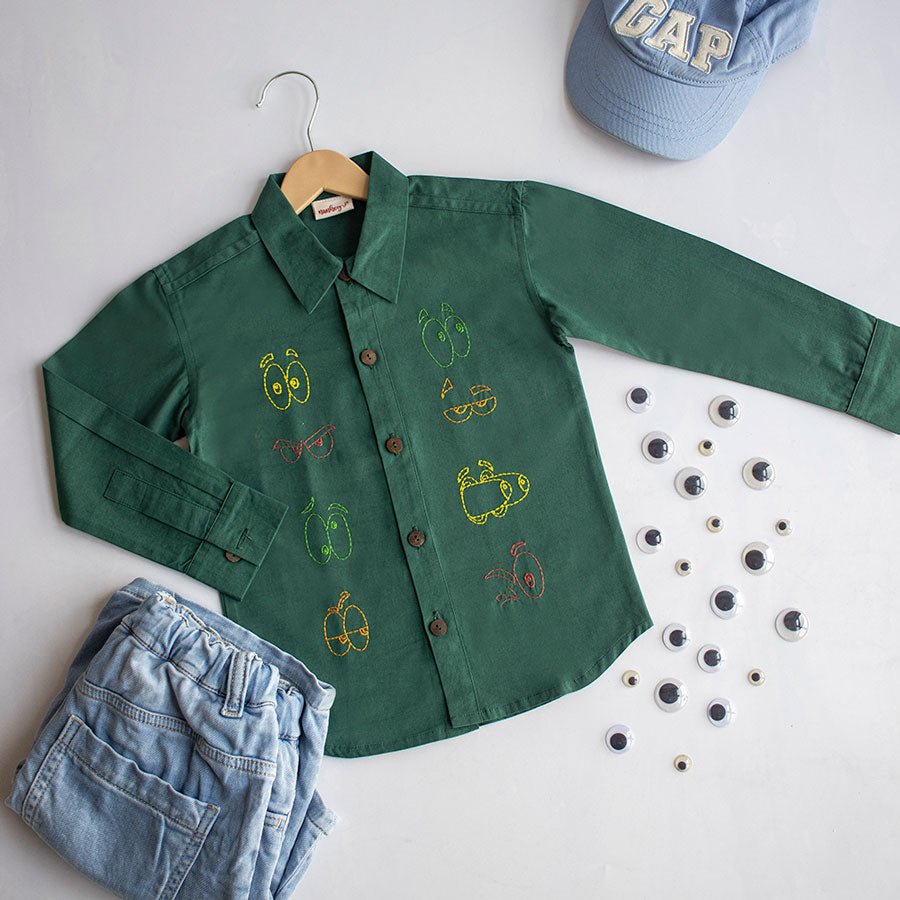 Colourful Emoji Eyes Embroidered Unisex Shirt - Bottle Green - Suspire