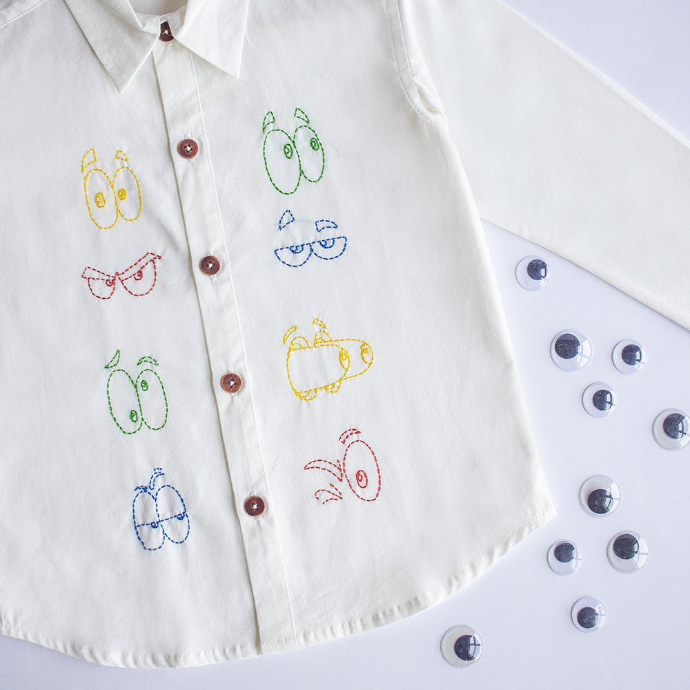 Colourful Emoji Eyes Embroidered Unisex Shirt - White - Suspire