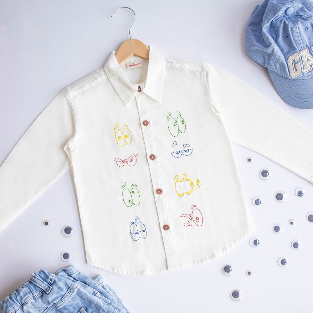 Colourful Emoji Eyes Embroidered Unisex Shirt - White - Suspire