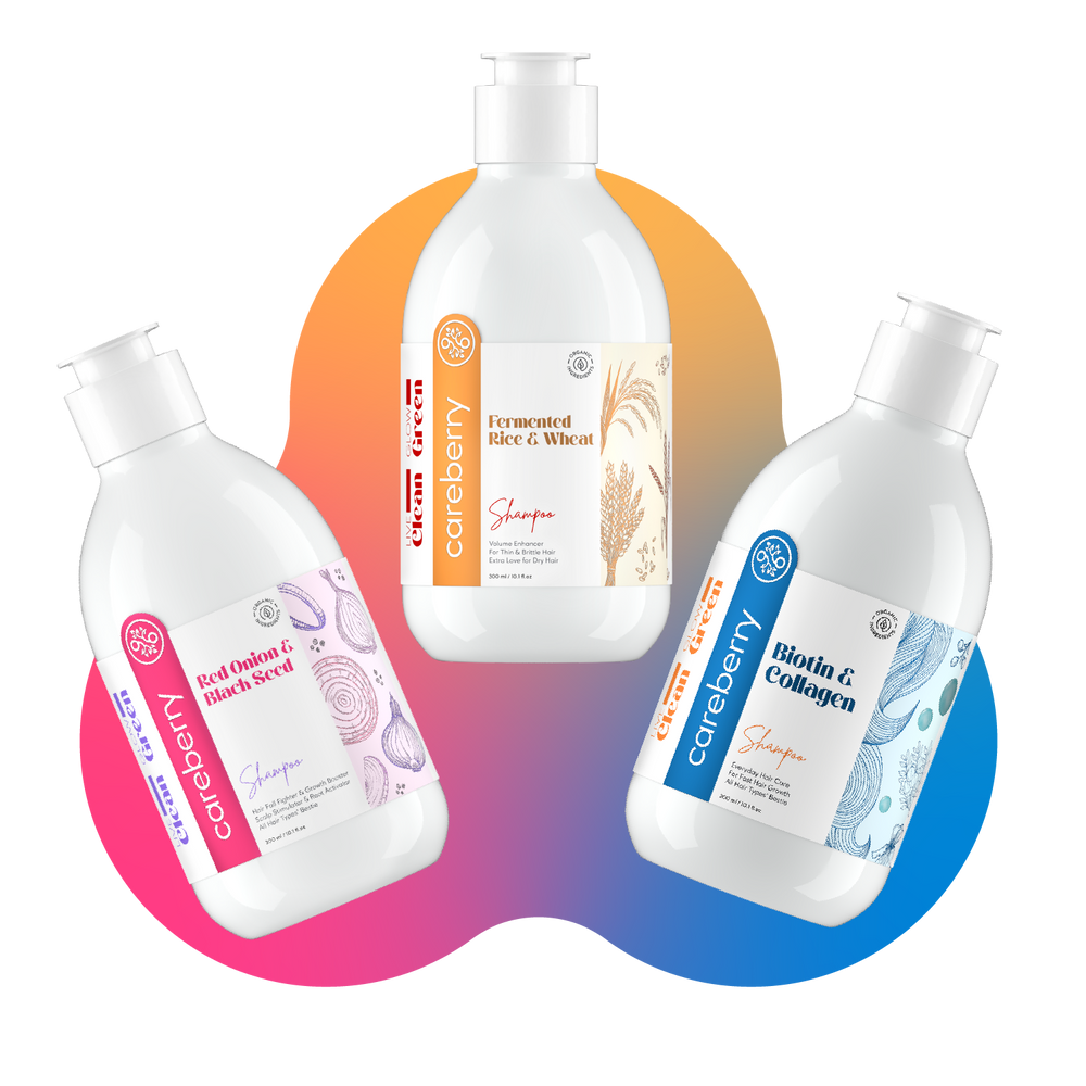 Careberry Hair Squad: Biotin Boost, Rice Water's Volumize Vibes, Red Onion's Anti-Fall Power Trio Pack of 3