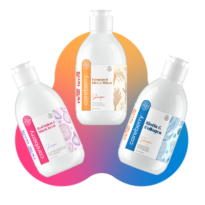 Careberry Hair Squad: Biotin Boost, Rice Water's Volumize Vibes, Red Onion's Anti-Fall Power Trio Pack of 3