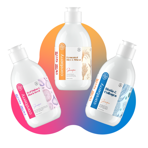 Careberry Hair Squad: Biotin Boost, Rice Water's Volumize Vibes, Red Onion's Anti-Fall Power Trio Pack of 3
