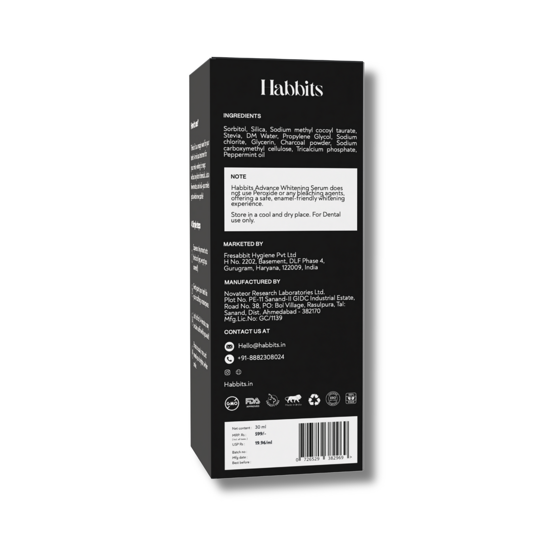 Habbits Instant Advance Teeth Whitening Serum | Natural Charcoal & Peppermint | Teeth Whitener for Sensitive Teeth | 30 ml