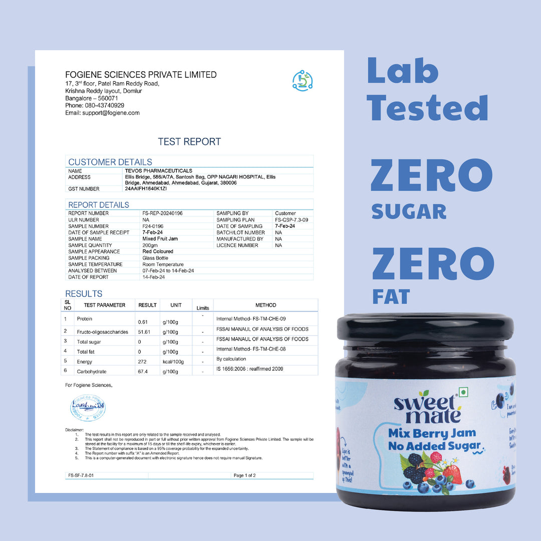 Sweetmate No Added Sugar Mix Berry Jam - (220g) | With Real Fruits | Diabetic and Keto Friendly