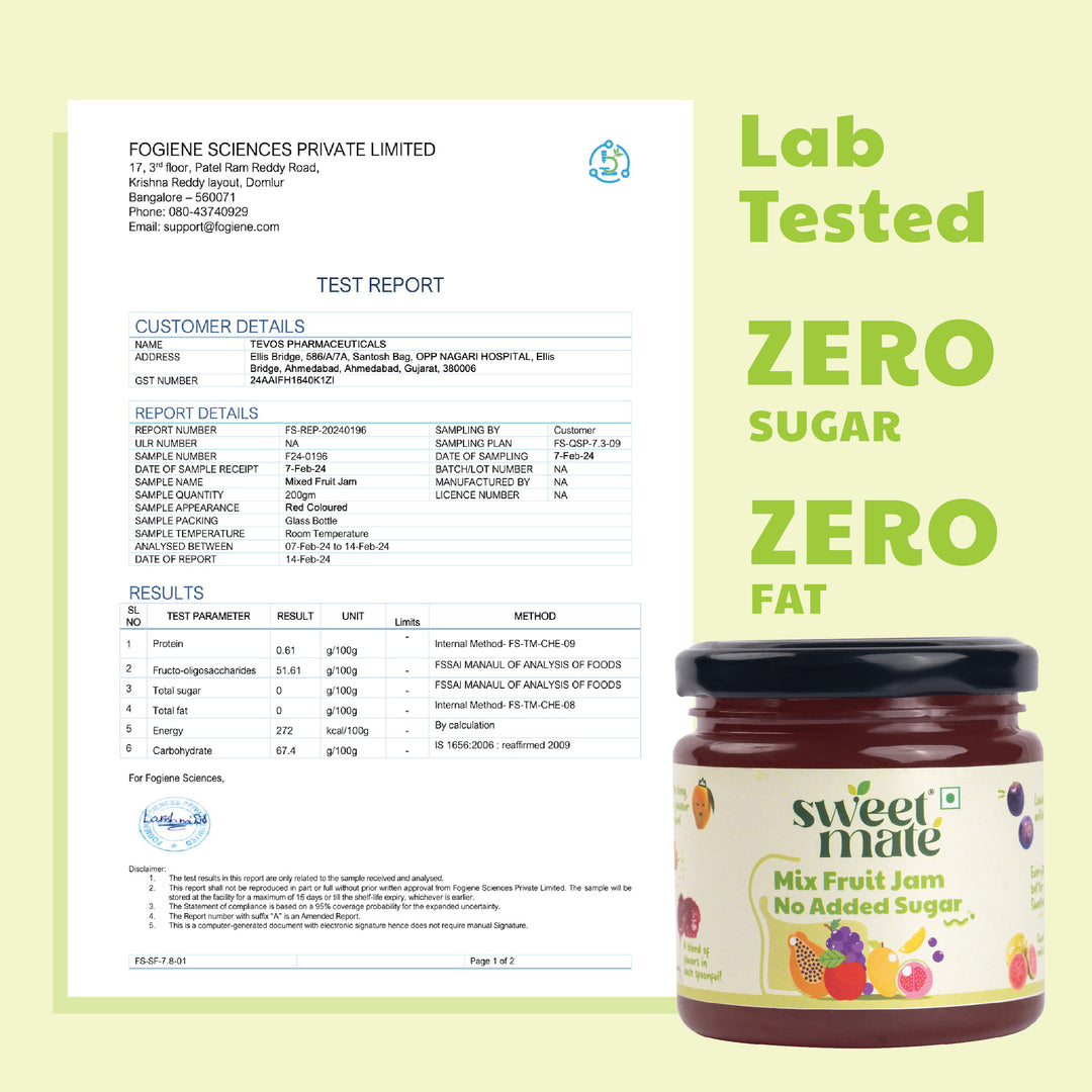 Sweetmate No Added Sugar Mix Fruit Jam (220g) | With Real Fruits | Diabetic and keto Friendly