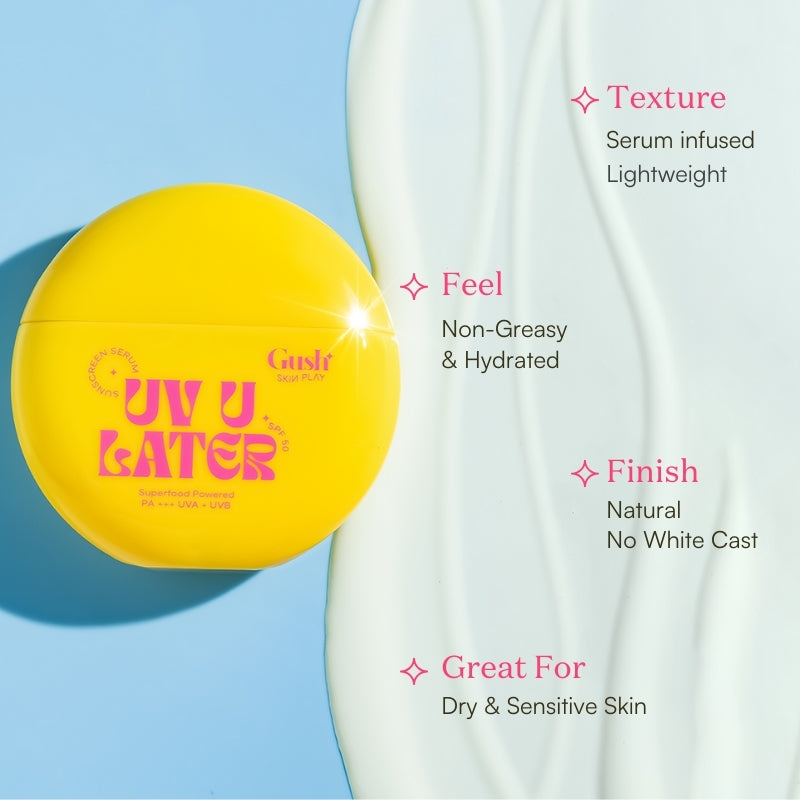 Gush Beauty UV U Later SPF 50 Sunscreen Serum PA +++UVA + UVB | 3 in 1 Serum, Moisturiser and Sunscreen 50 ml
