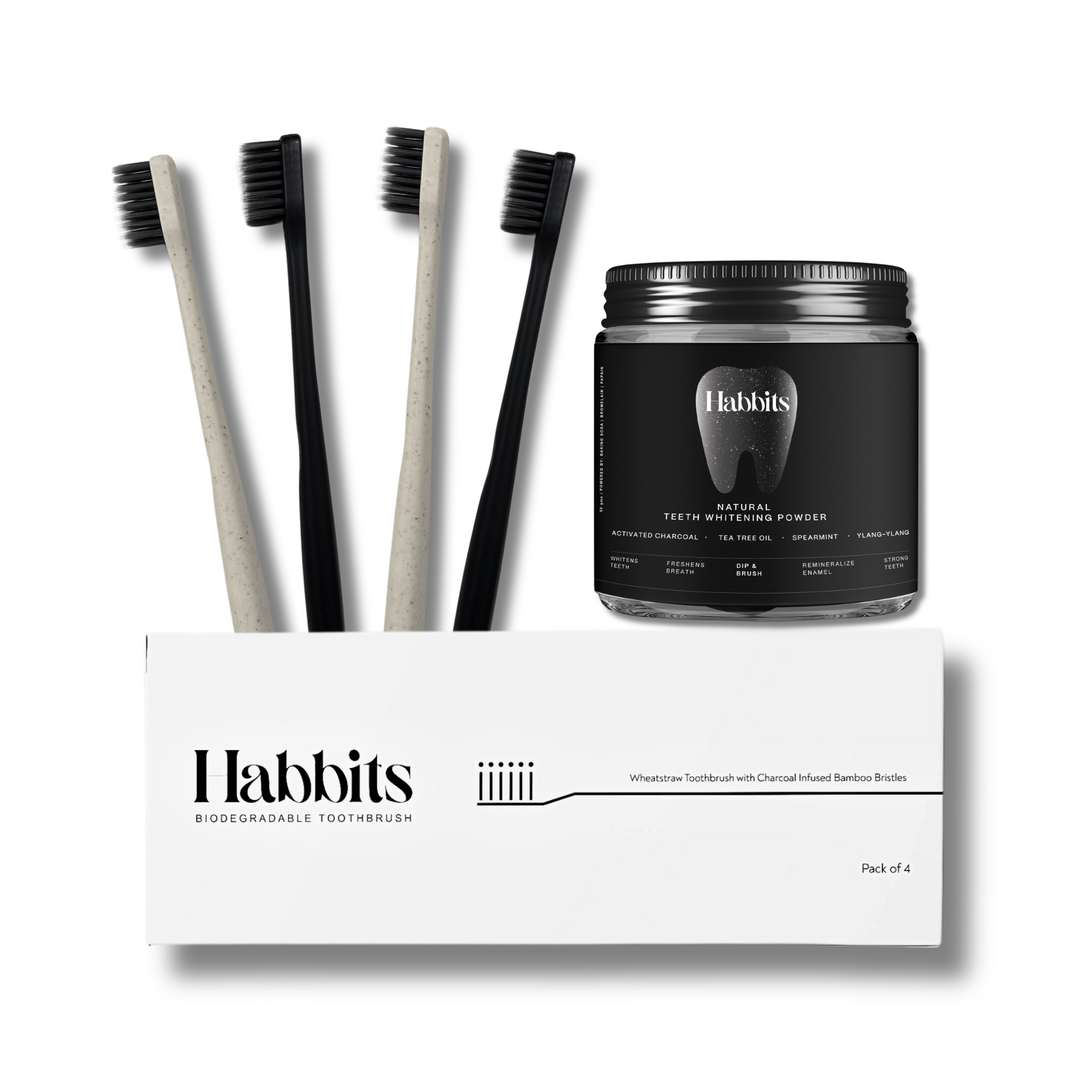 Habbits Teeth Whitening Powder & 4 Biodegradable Toothbrushes | Natural Oral Care Combo | Charcoal & N-HAp | Wheatstraw Handle Manual Toothbrush With Soft Bristle for Adults