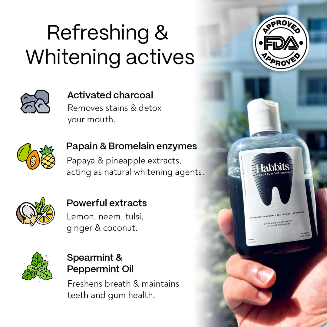 Habbits Oral Care Bundle | Charcoal Toothpaste (100g) + Charcoal Mouthwash (250ml) + 2 Biodegradable Toothbrushes | Natural Whitening | Vegan | SLS-Free | Tea Tree & Spearmint | Fights Plaque & Bad Breath