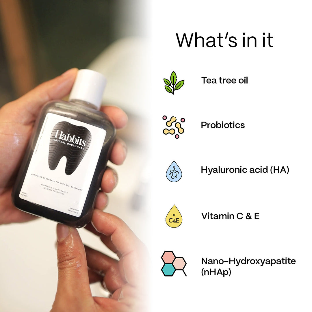Habbits Oral Care Bundle | Charcoal Toothpaste (100g) + Charcoal Mouthwash (250ml) + 2 Biodegradable Toothbrushes | Natural Whitening | Vegan | SLS-Free | Tea Tree & Spearmint | Fights Plaque & Bad Breath