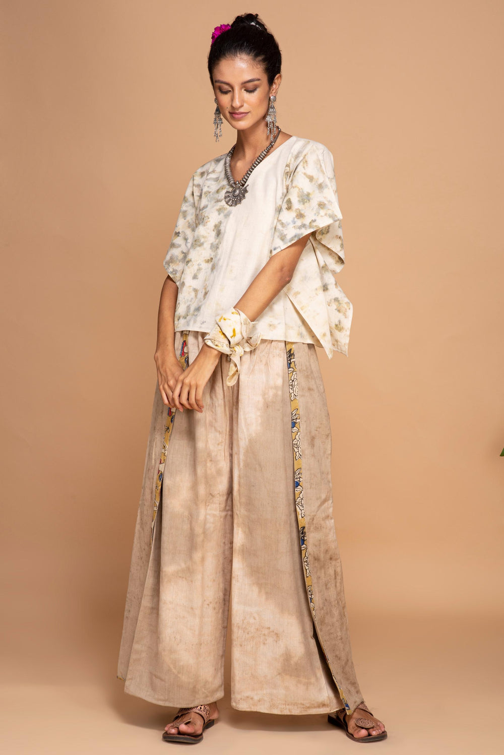 "Bageeya “Safed Gulab” Natural dyed Handcrafted Handwoven Organic Cotton Crop Top
 | Crafted with Sacred Temple Marigolds and Walnut"