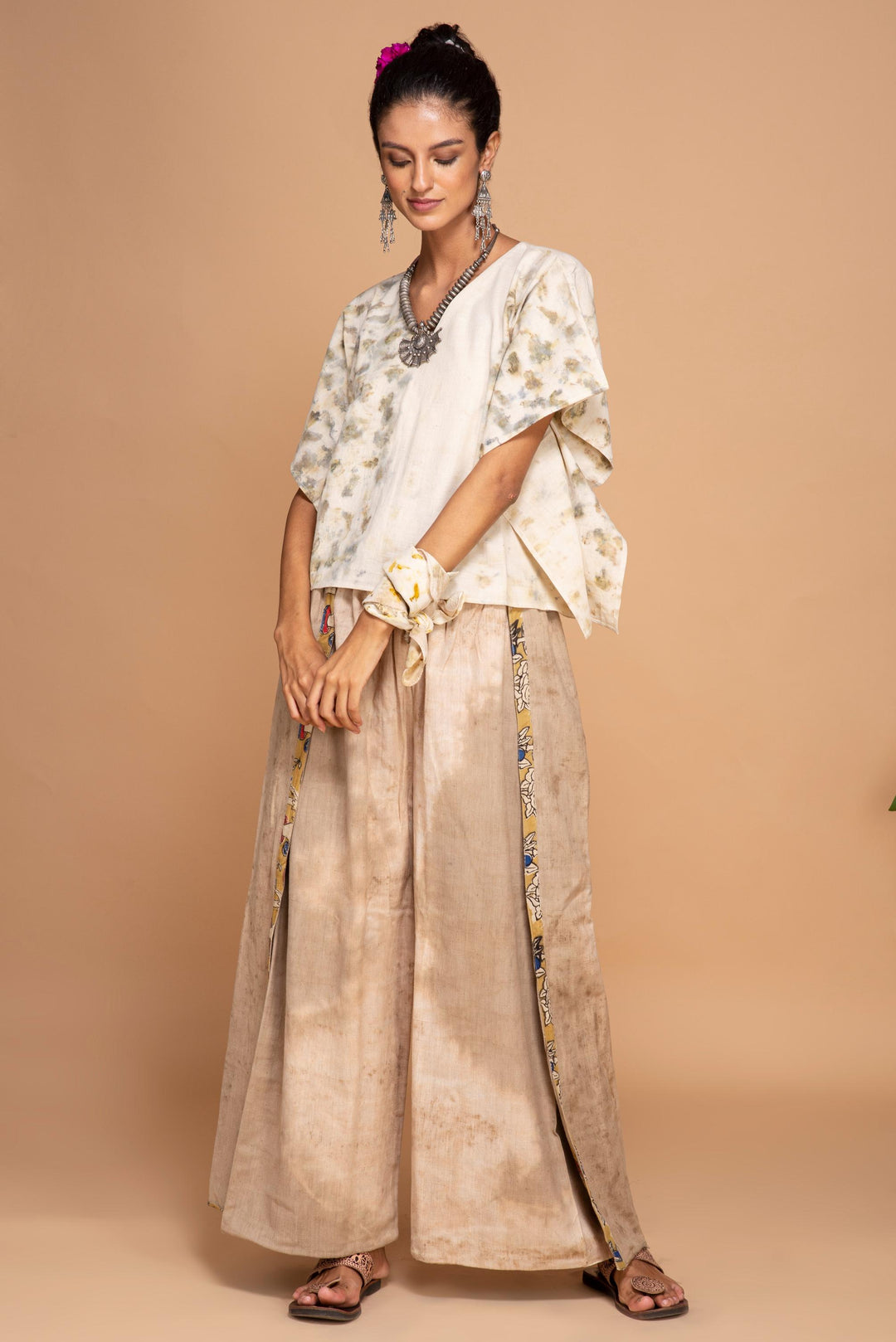 "Bageeya “Safed Gulab” Natural dyed Handcrafted Handwoven Organic Cotton Crop Top
 | Crafted with Sacred Temple Marigolds and Walnut"