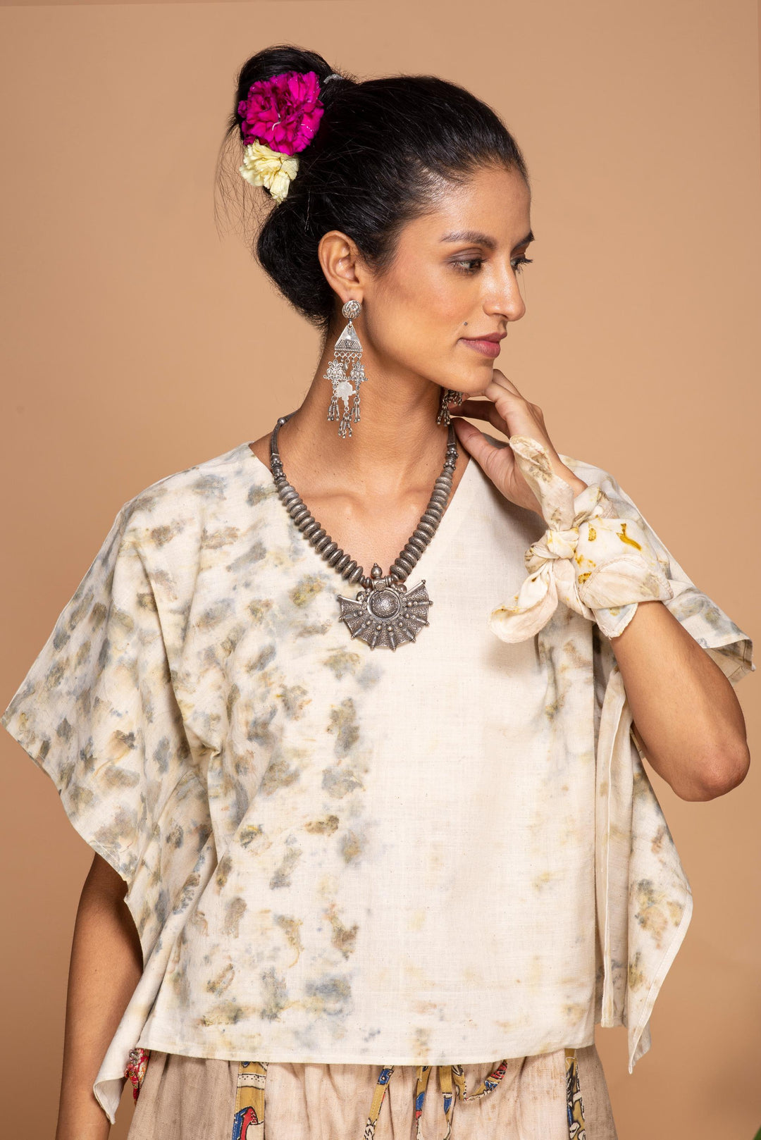 "Bageeya “Safed Gulab” Natural dyed Handcrafted Handwoven Organic Cotton Crop Top
 | Crafted with Sacred Temple Marigolds and Walnut"