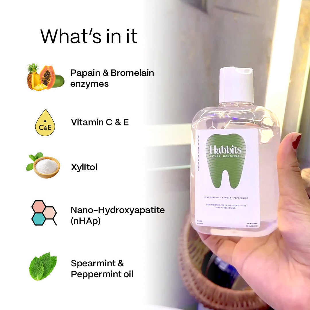 Habbits Oral Care Bundle | Charcoal Toothpaste (100g) + Charcoal Mouthwash (250ml) + 2 Biodegradable Toothbrushes | Natural Whitening | Vegan | SLS-Free | Tea Tree & Spearmint | Fights Plaque & Bad Breath