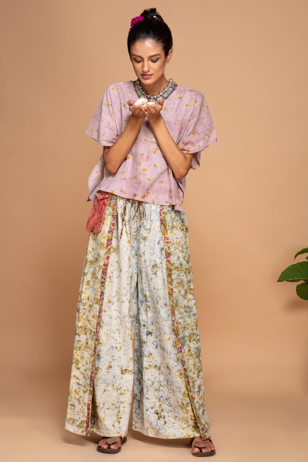 "Bageeya “Pink mimosa” Natural dyed Khadi Organic Cotton Crop Top
 | Crafted with Sacred Temple Marigolds and Walnut"