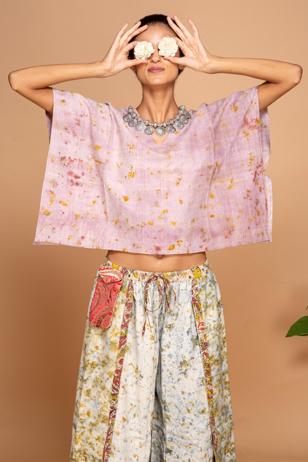 "Bageeya “Pink mimosa” Natural dyed Khadi Organic Cotton Crop Top
 | Crafted with Sacred Temple Marigolds and Walnut"